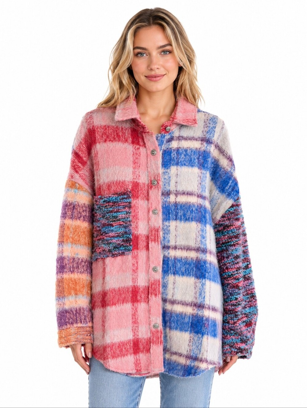 POL Fuzzy Patchwork Plaid Oversized Shacket Jacket Pink Blue Small NWOT